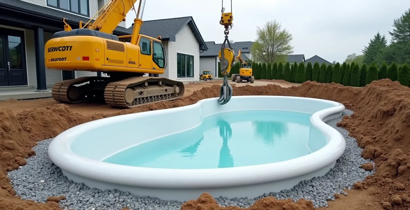 Grue déposant délicatement une coque de piscine polyester dans une excavation préparée