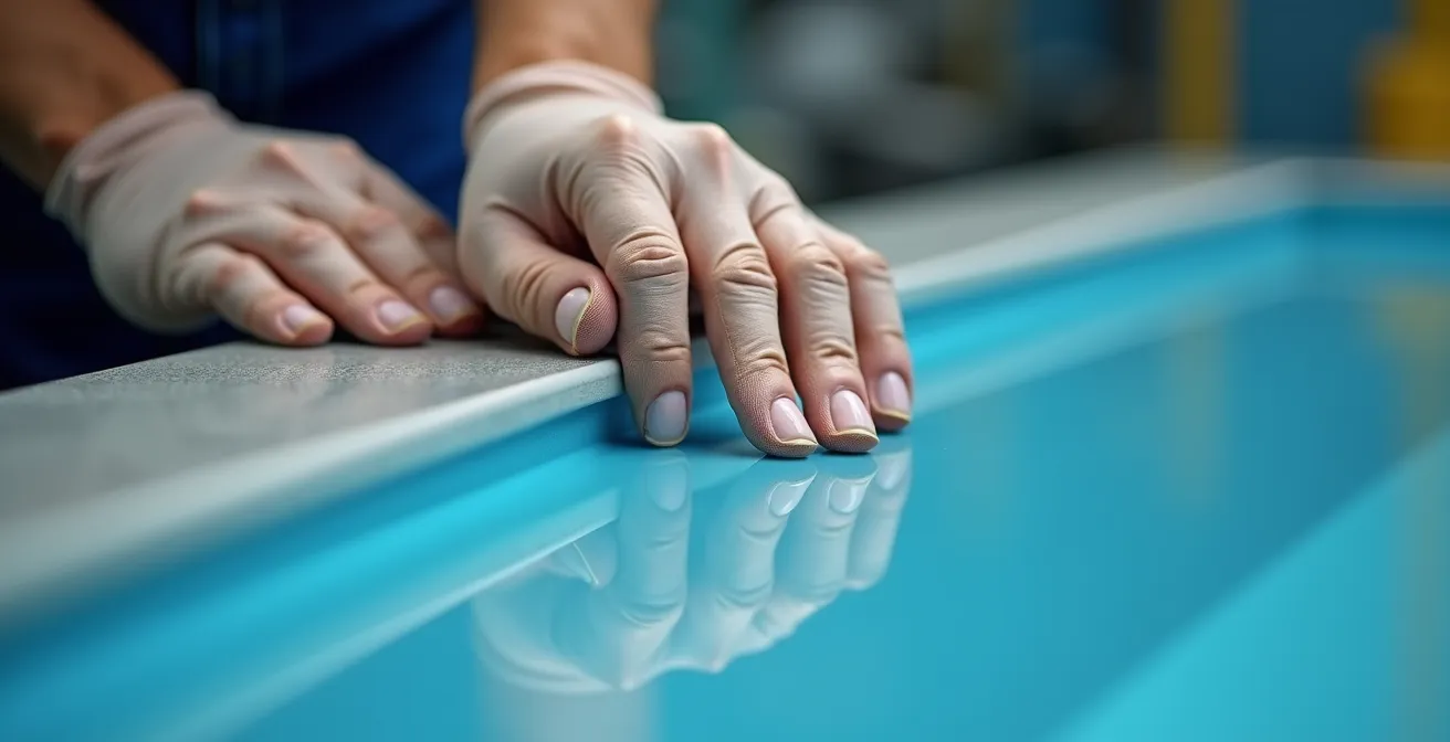 Mains d'un technicien inspectant minutieusement la surface lisse d'un gelcoat de piscine
