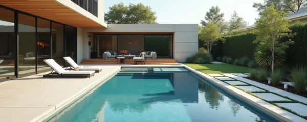 Vue aérienne d'une piscine coque polyester intégrée dans un jardin contemporain avec terrasse en bois