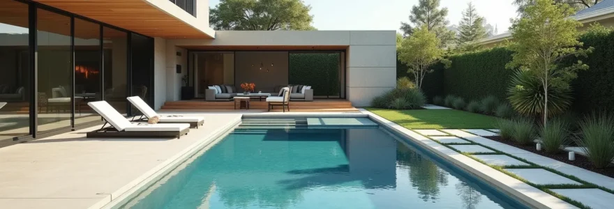 Vue aérienne d'une piscine coque polyester intégrée dans un jardin contemporain avec terrasse en bois