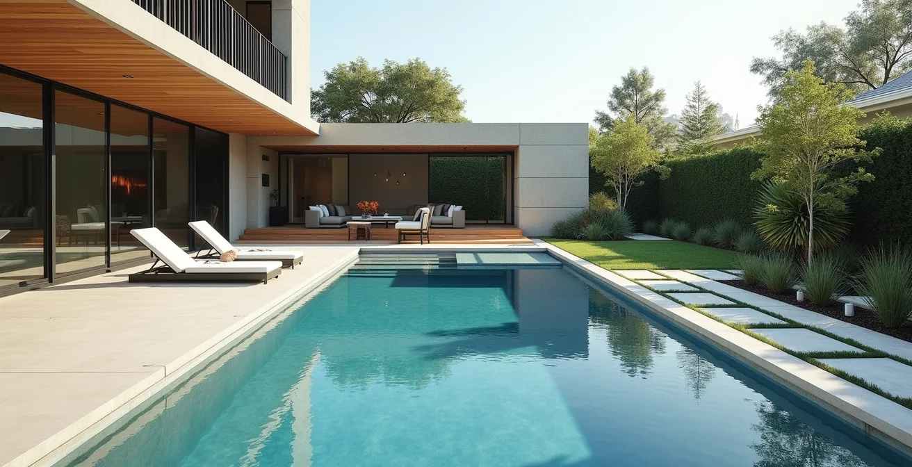 Vue aérienne d'une piscine coque polyester intégrée dans un jardin contemporain avec terrasse en bois