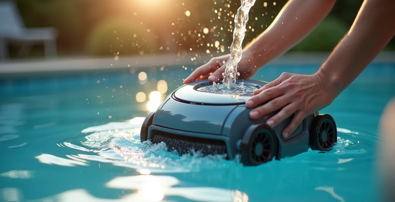 Mains nettoyant le filtre d'un robot de piscine