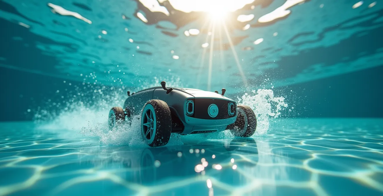 Gros plan sur robot hydraulique nettoyant le fond d'une piscine