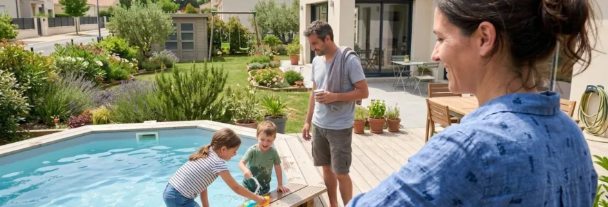 Une famille vue de dos observe des enfants qui jouent près d'une piscine en bois installée dans un jardin pavillonnaire moderne en été