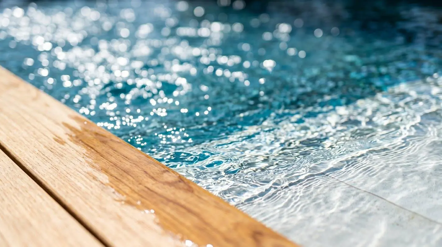 Gros plan sur la transition entre la margelle en bois et le fond clair d'une plage immergée de piscine, avec eau limpide reflétant la lumière naturelle