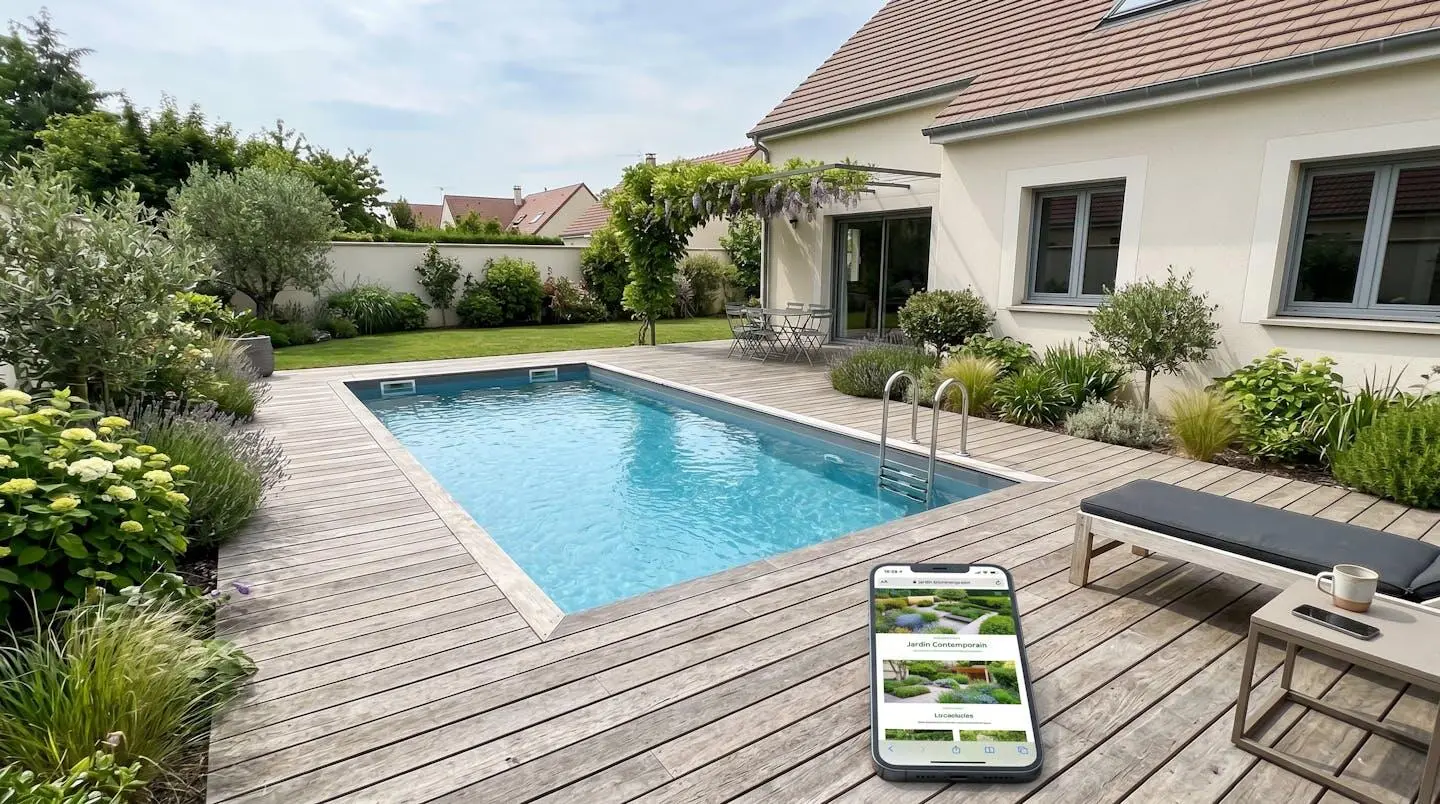 Vue d'ensemble d'un jardin pavillonnaire français contemporain avec piscine en bois installée sur une terrasse en bois, sans présence humaine, en plein jour