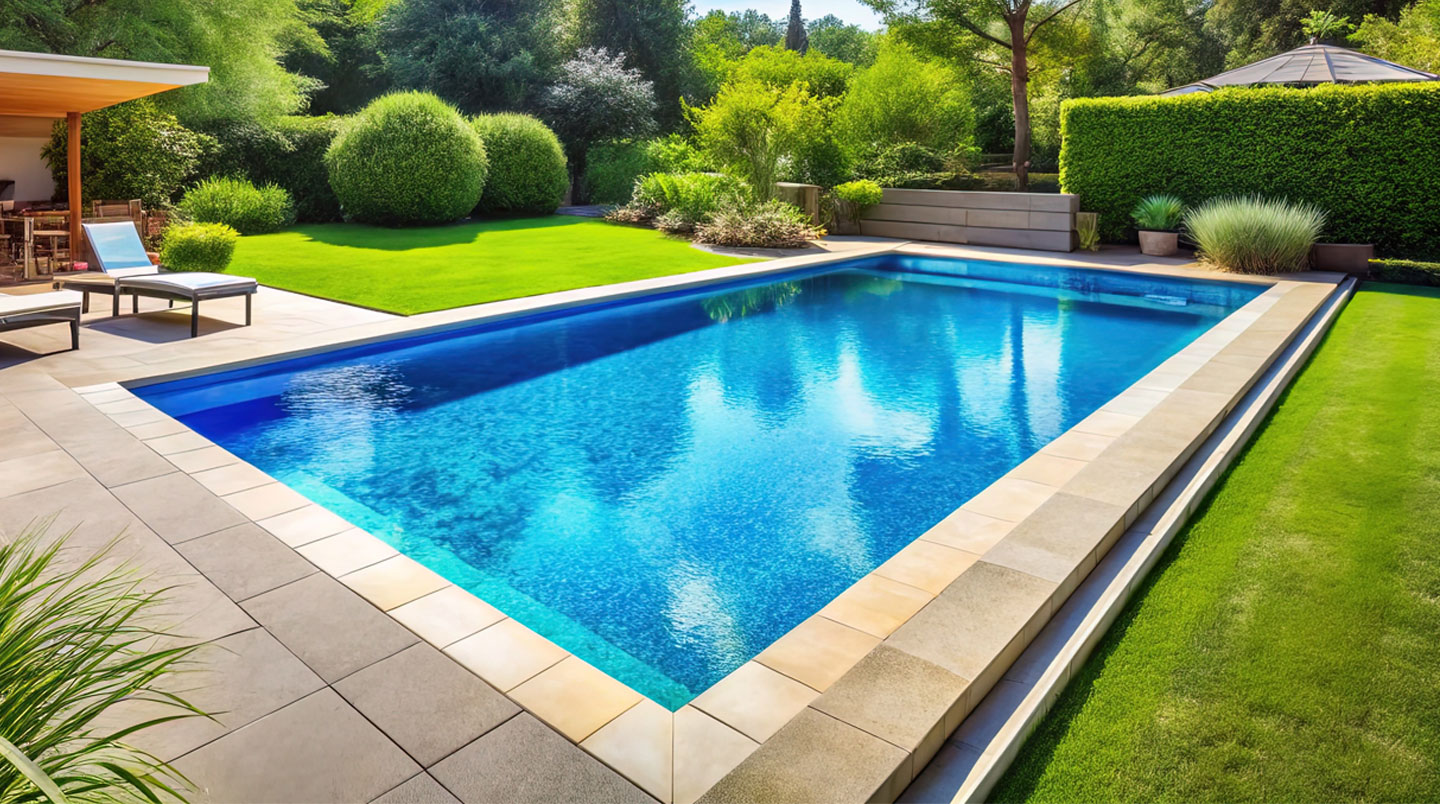 Famille de quatre personnes profitant d'une piscine coque polyester de dimensions moyennes dans un jardin méditerranéen, illustrant l'usage optimal d'un bassin 8x4 mètres
