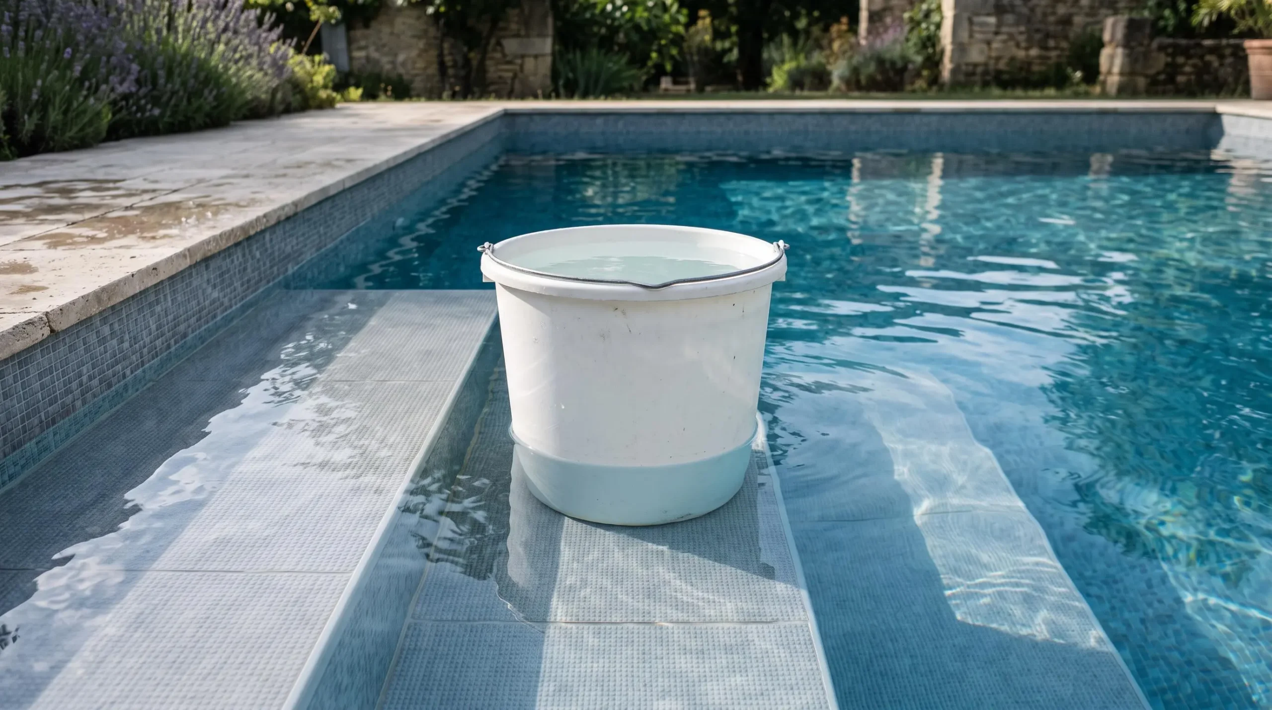 Un seau rempli d'eau posé sur une marche de piscine sert de test pour distinguer évaporation et fuite.