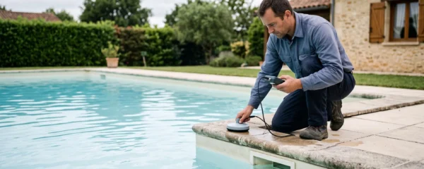 Un technicien utilise un détecteur acoustique au bord d'une piscine privée pour localiser une fuite.