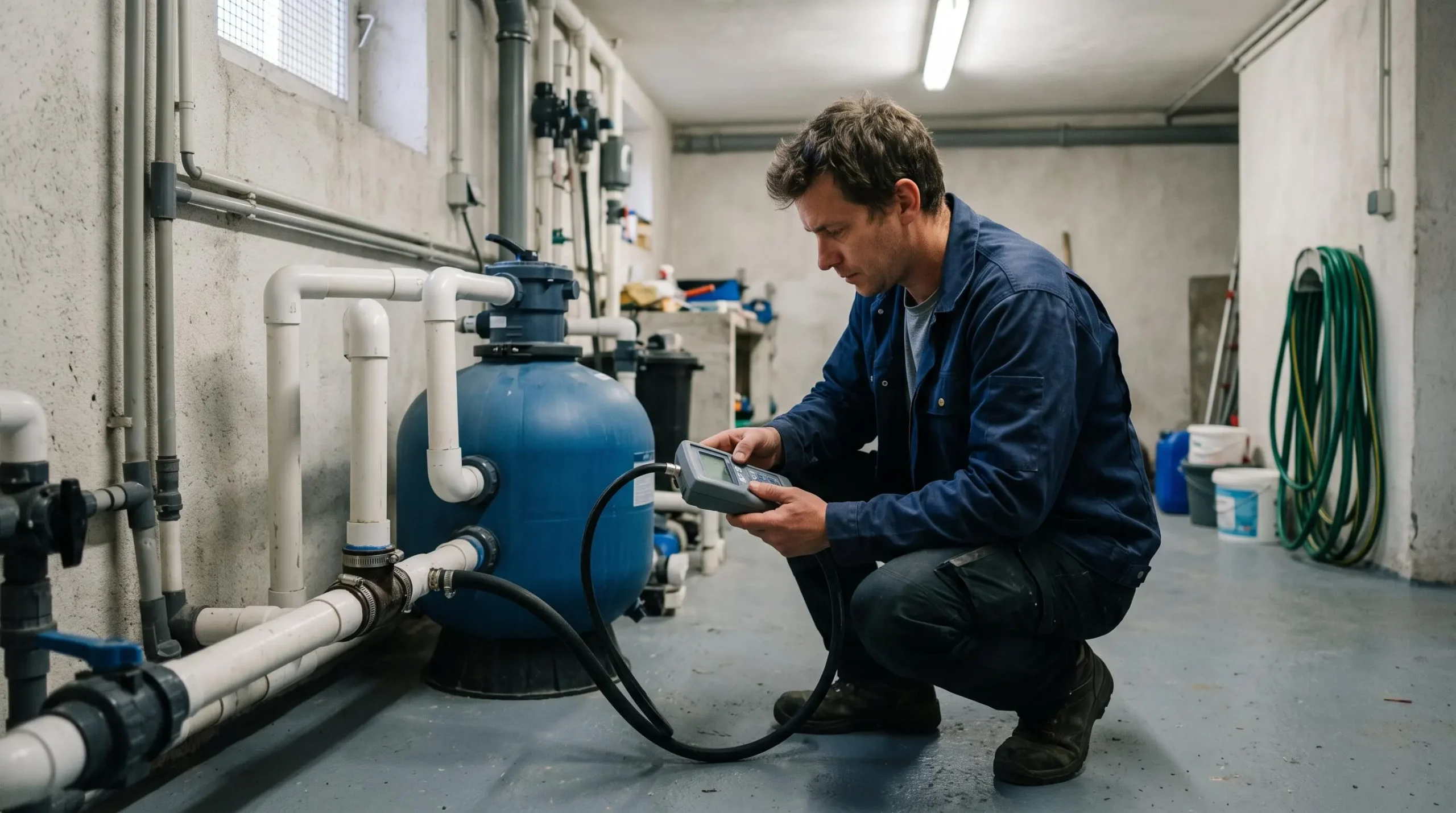 Un technicien réalise un test de mise en pression sur une canalisation de piscine dans le local technique.