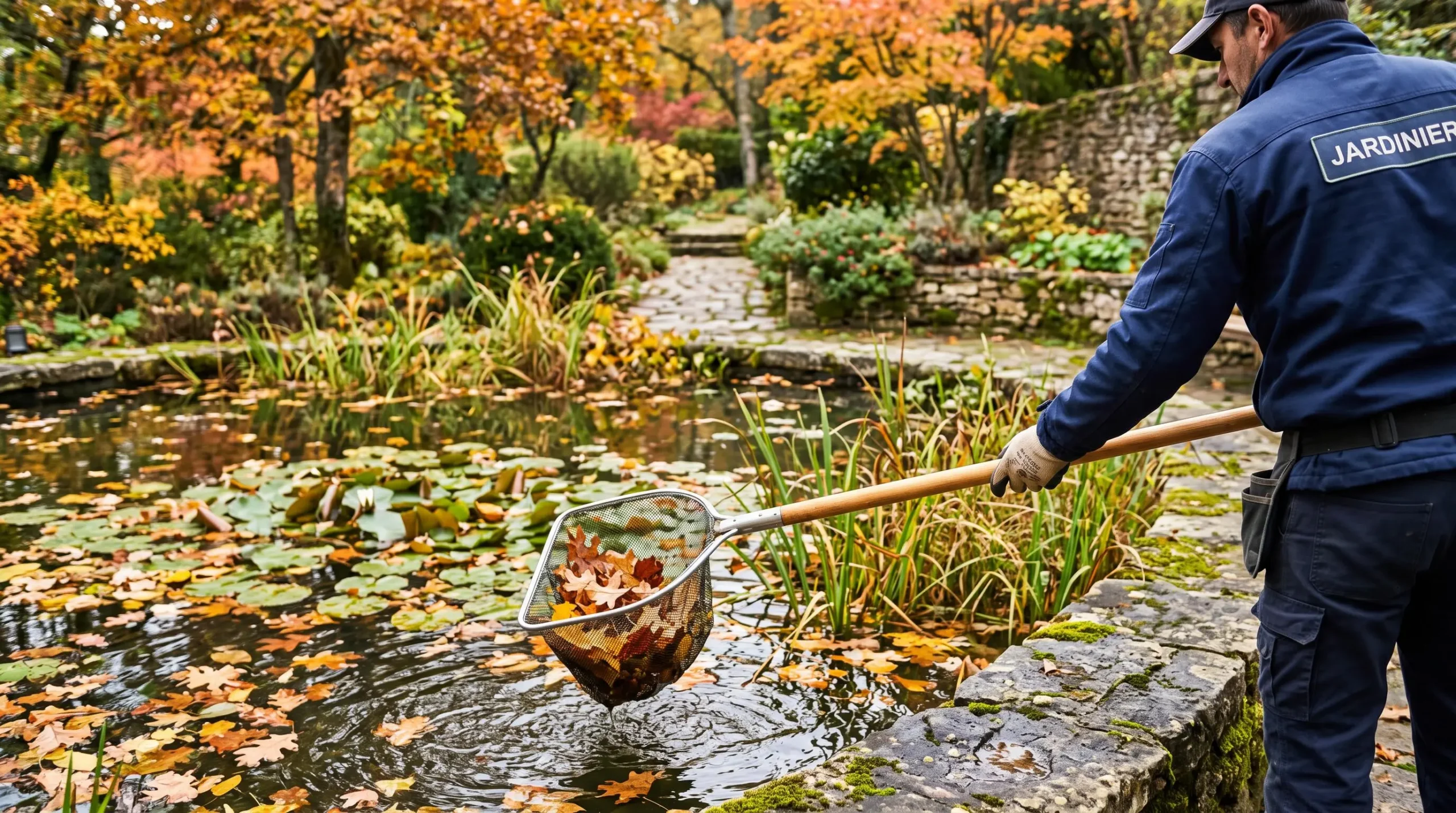 Un professionnel retire des feuilles mortes à l'épuisette à la surface d'un bassin de jardin.