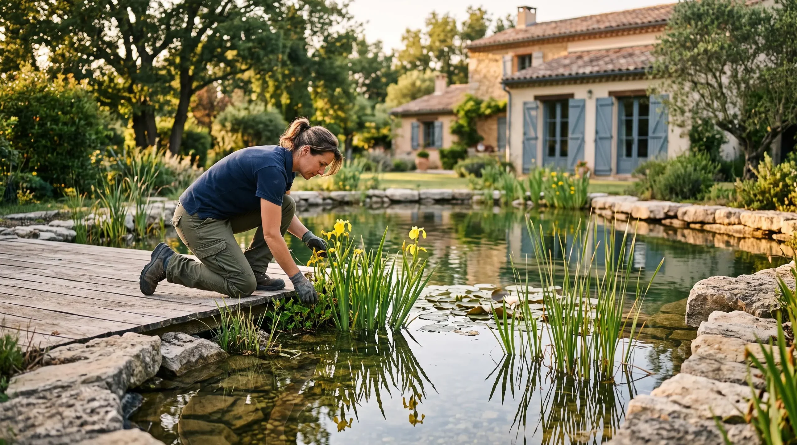 Un paysagiste inspecte la rive plantée d'un bassin naturel dans un jardin résidentiel français.
