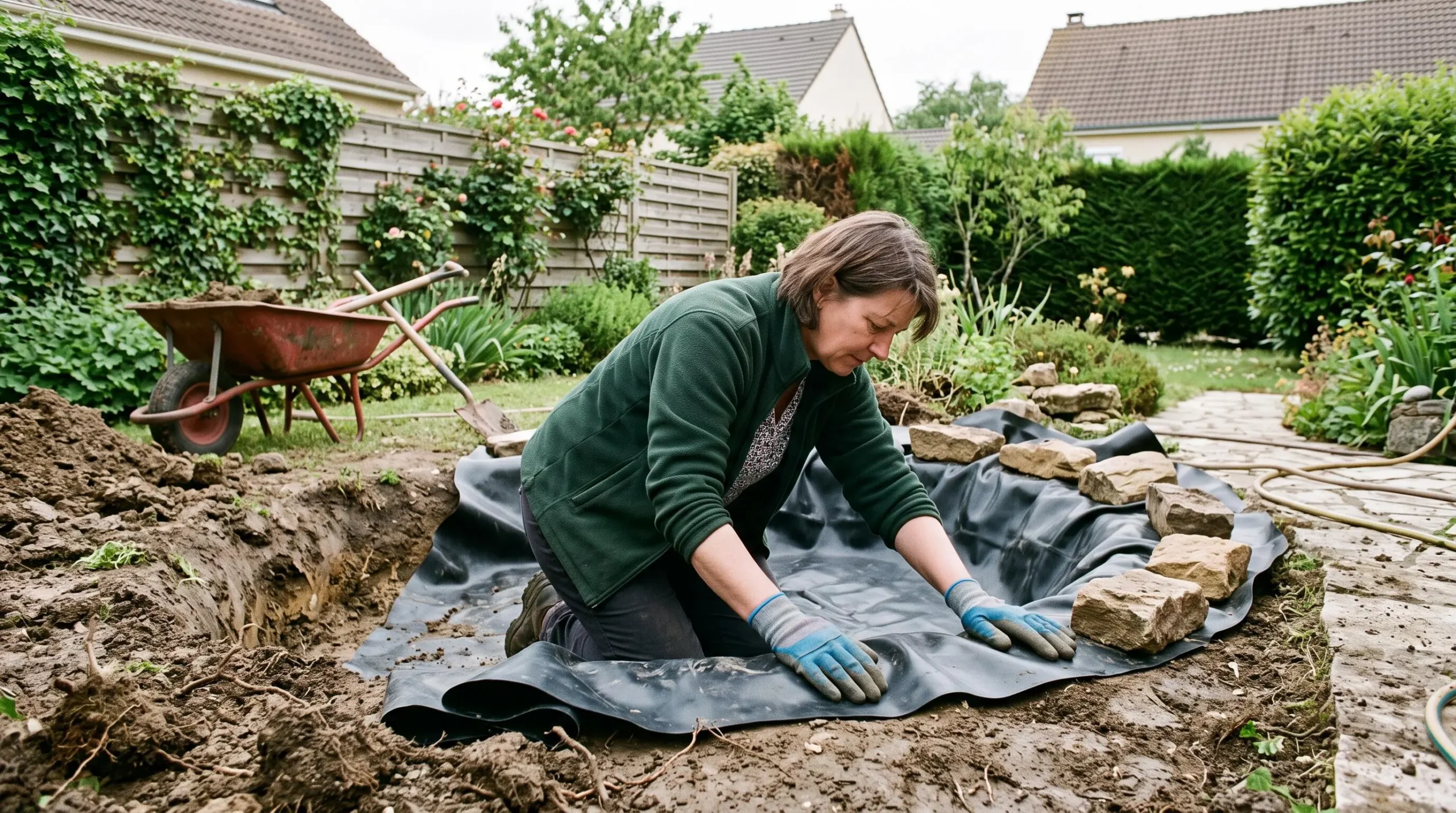 Un particulier installe une bâche au fond d'un petit bassin de jardin en cours de creusement.